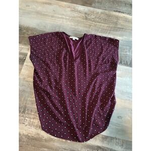 Ann Taylor Loft Womens Large Burgundy Geometric Print V-Neck   Blouse
